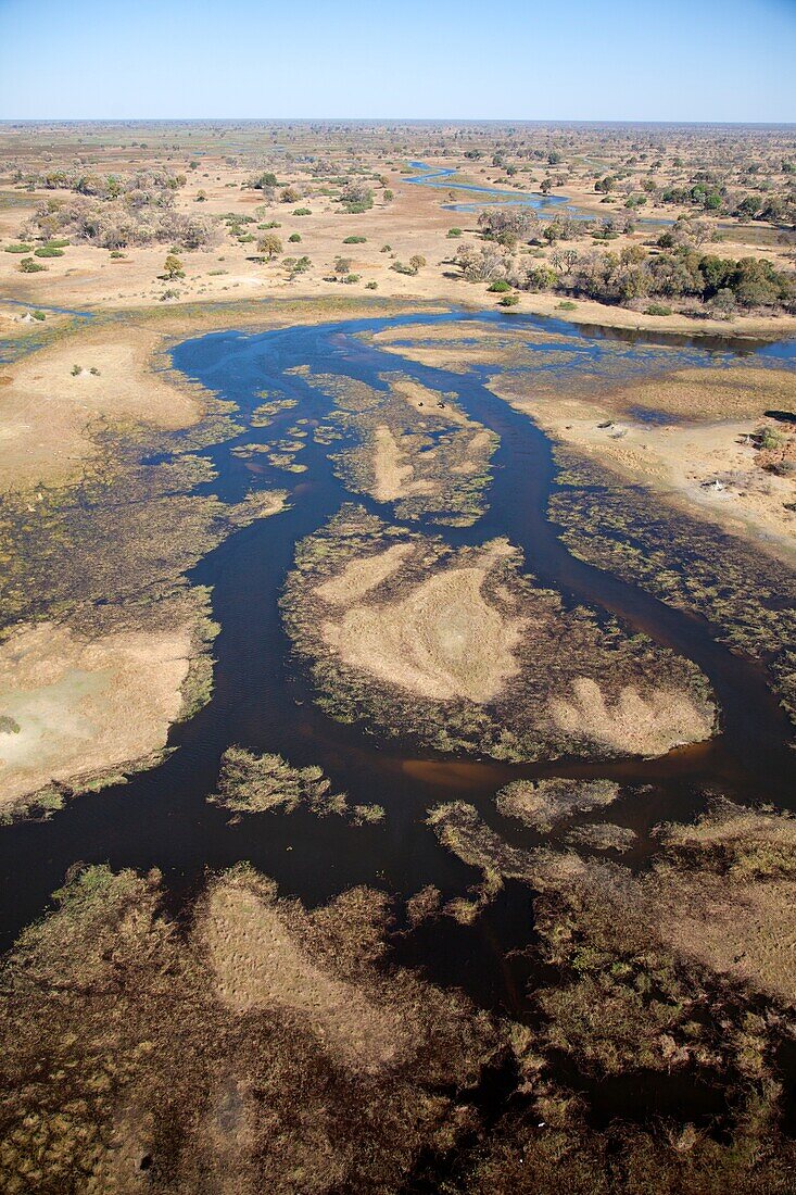 Okavango-Delta-Luftbild, Botswana. Das Okavango-Delta ist die Heimat einer reichen Vielfalt an Wildtieren. Elefanten, Büffel, Flusspferde, Impalas, Zebras, Letschwe und Gnus sind nur einige der großen Säugetiere, die in Hülle und Fülle zu finden sind und Raubtiere wie Löwen, Leoparden, afrikanische Wildhunde, Geparden und Krokodile anziehen. Die größten Konzentrationen an Wildtieren findet man während des regenlosen Winters, wenn das Delta eine der wenigen Wasserquellen in der Region ist.