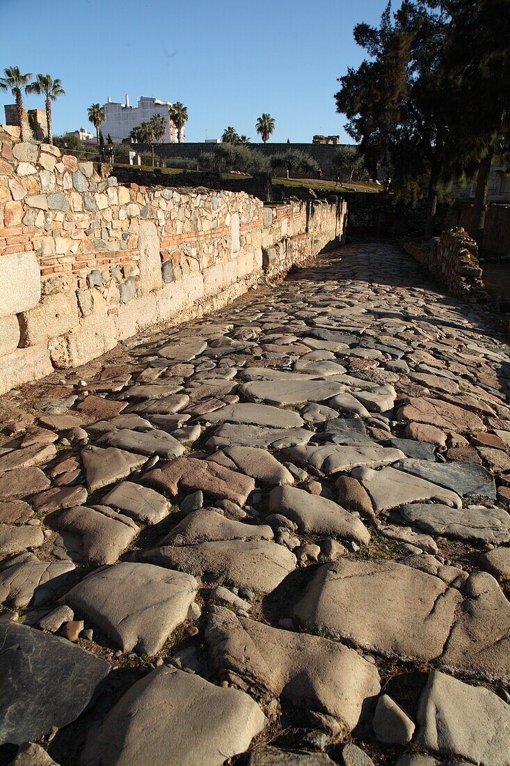 Gepflasterte Straße in der Alcazaba in Merida. Provinz Badajoz. Extremadura. Spanien.