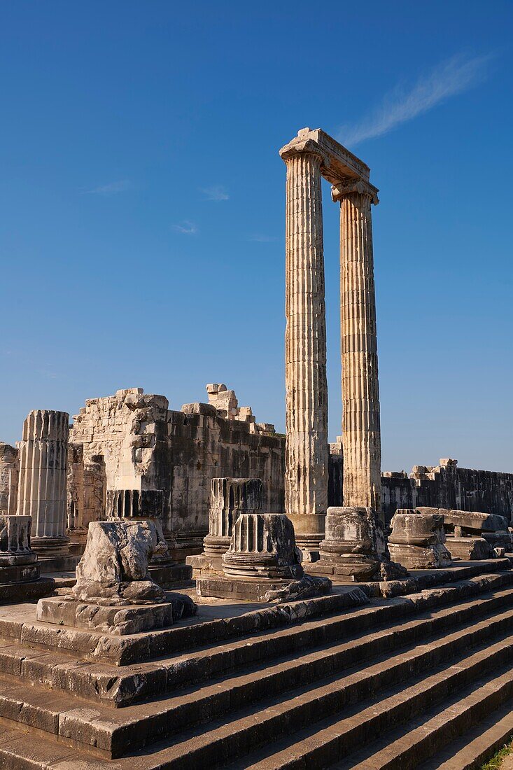 Stufen und Säulen der Ruinen des antiken ionischen griechischen Apollo-Tempels Didyma, in dem sich das Orakel des Apollo befindet. Auch bekannt als das Didymaion, fertiggestellt um 550 v. Chr. Das moderne Didim in der Provinz Aydin, Türkei.
