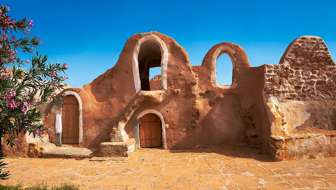 The northern Sahara ghorfa storage graneries of the traditional Berber mud brick fortified Ksar of Hedada or Hadada,near Tetouin,Tunisia,the setting of Mos Espa's Slave Quarters in Star Wars: Episode I The Phantom Menace.