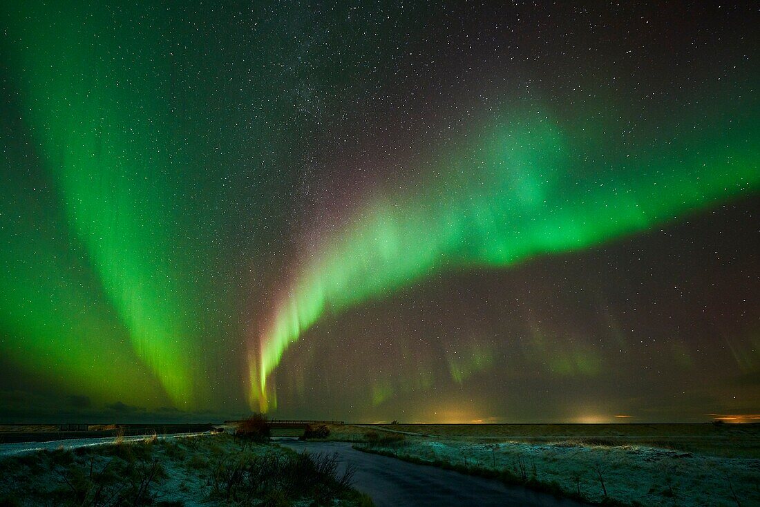 Markarfljotssandur outwash plains with Aurora Borealis,Iceland.