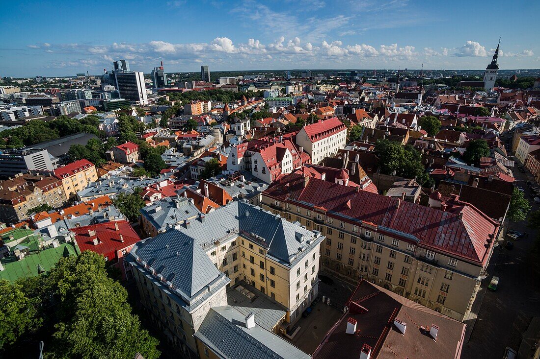 Panoramablick auf Tallinn von der Turmplattform der St. Olaf-Kirche (Oleviste kirik). Tallinn, Estland.