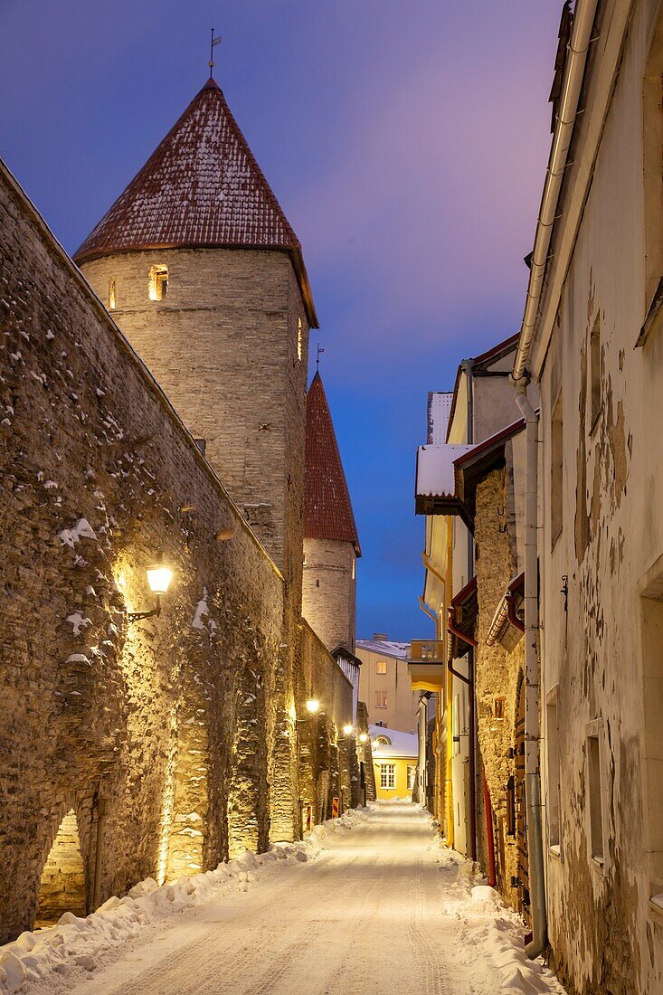 Winterabend an der Stadtmauer in der Altstadt von Tallinn, Estland.