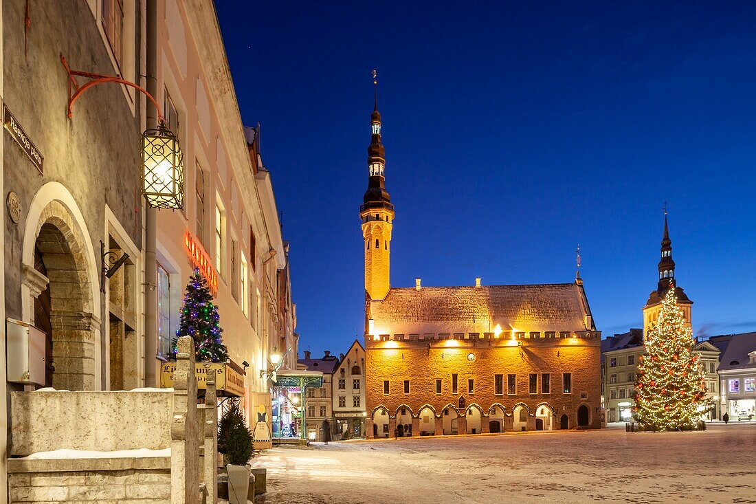 Winterabend in der Altstadt von Tallinn, Estland. Rathaus in der Ferne.