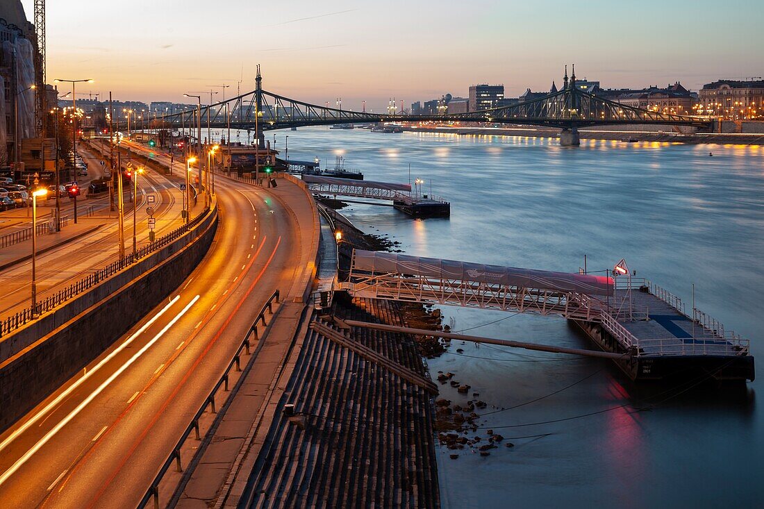 Dawn on river Danube in Budapest,Hungary. Liberty Bridge in the distance.