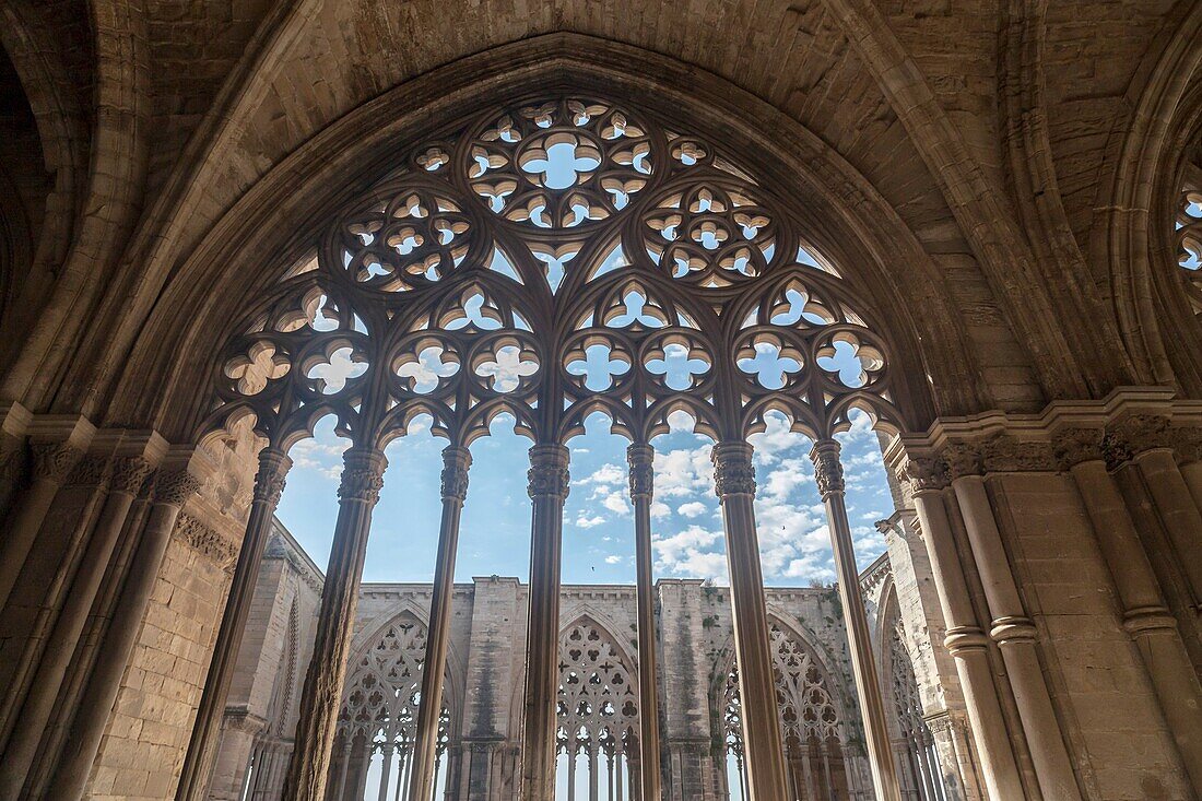 Old Cathedral,interior cloister,Catedral de Santa Maria de la Seu Vella,gothic style,iconic monument in the city of Lleida,Catalonia. Spain.