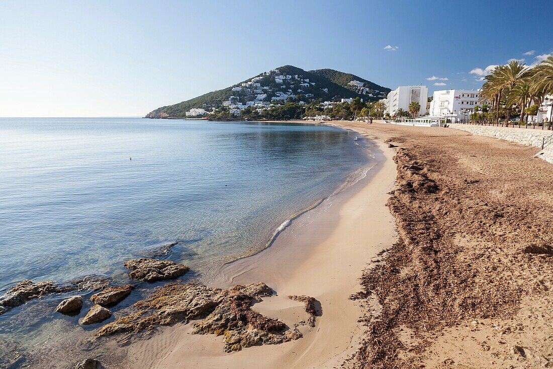 Mediterranean beach in balearic town of Santa Eularia des Riu,Ibiza,Spain.
