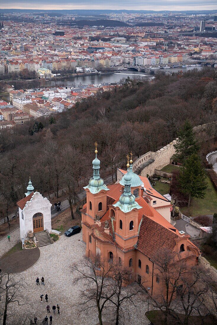 St Lawrence Church with Vltava River in background,Petrin Observation Tower,Petrin Hill,Prague,Czech Republic.