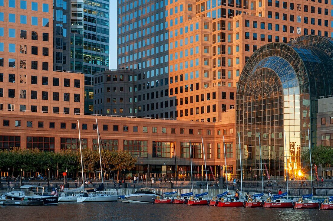 World Financial Center office buildings in the financial district of Manhattan. World Financial Center. Winter Garden Atrium Brookfield Place on the North Cove Marina in Lower Manhattan.