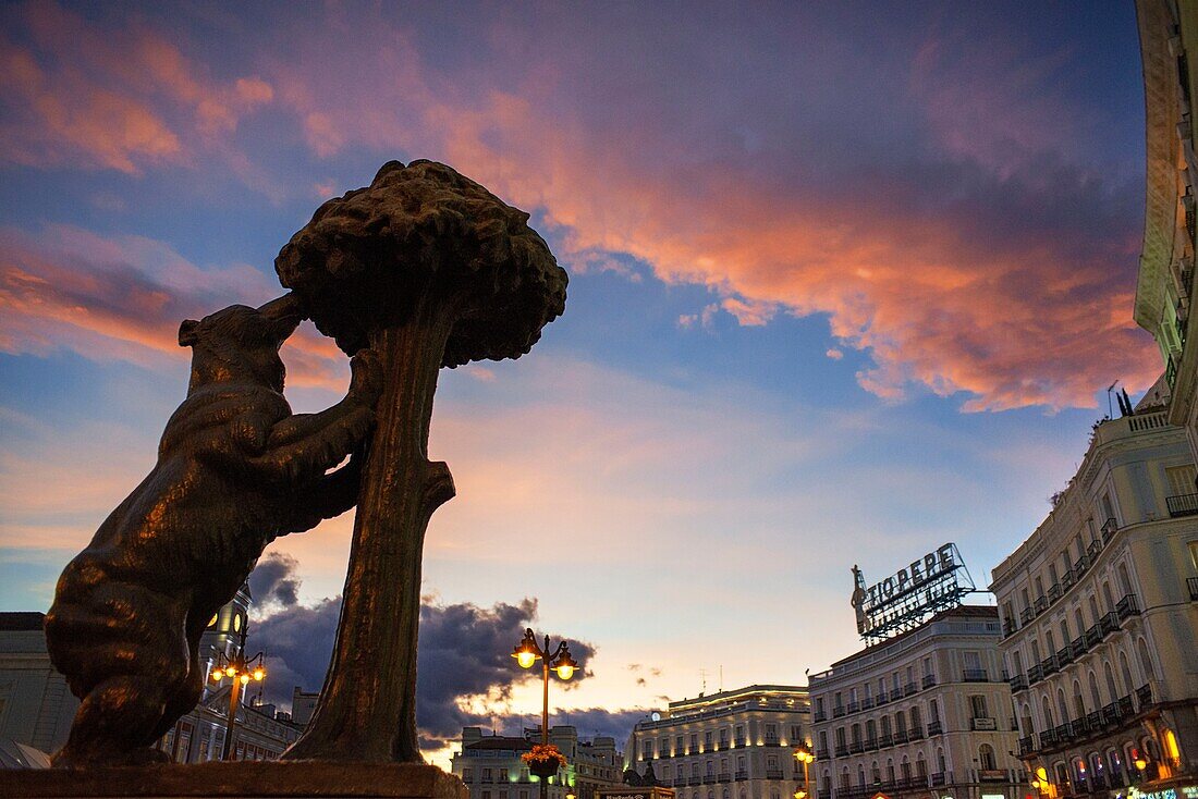 Statue of Bear and strawberry tree symbol of Madrid in Puerta del Sol square in the city centre,Madrid,Spain.