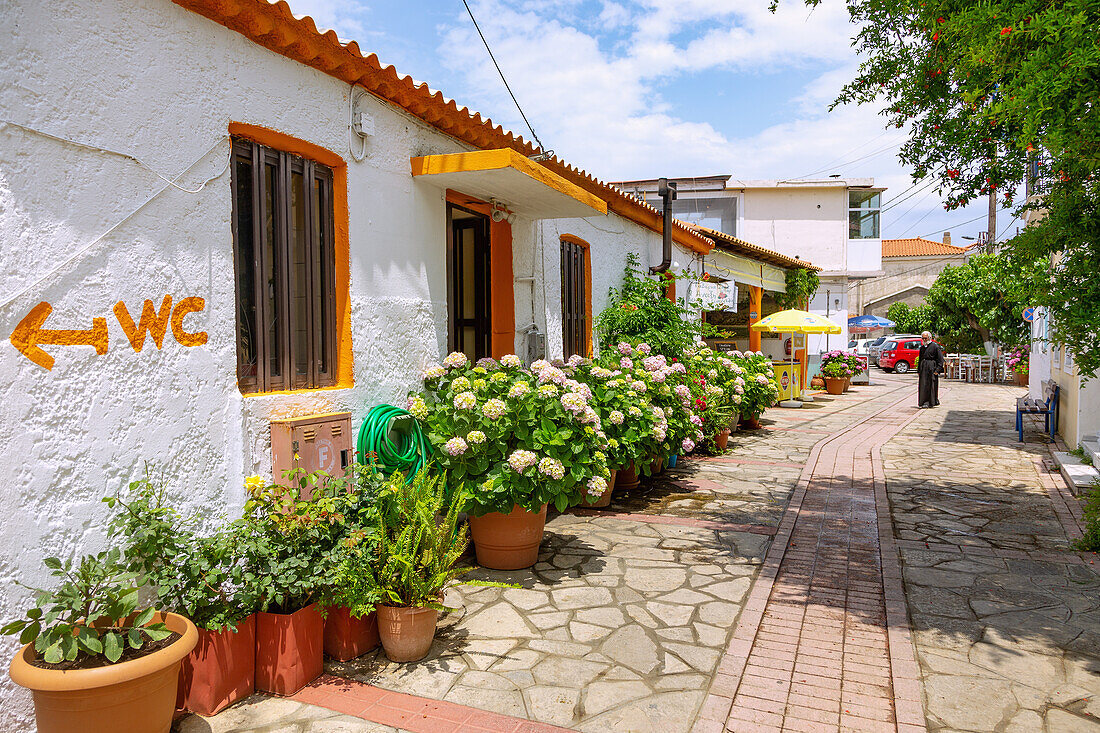 Alley with taverns in the mountain village of Drakei on the island of Samos in Greece