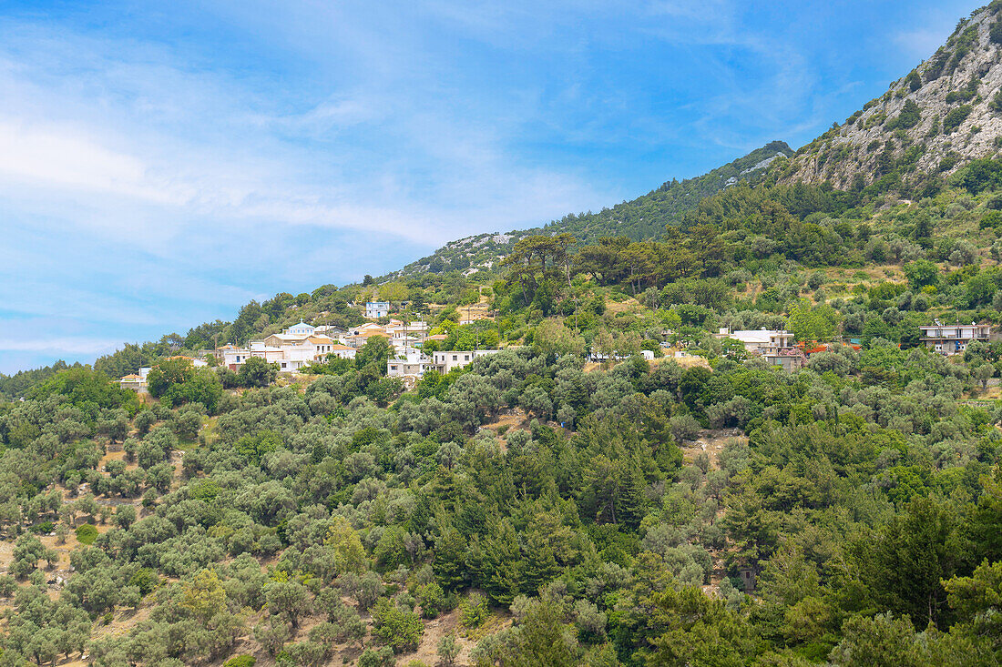 Mountain village Drakei at the foot of the Kerkis mountain range on the island of Samos in Greece