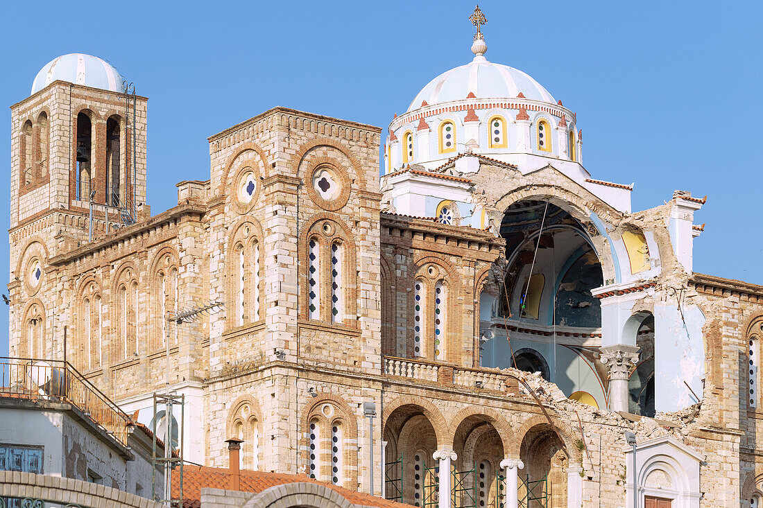 Neo Karlovassi, Orthodox Church of the Assumption, showing earthquake damage on the island of Samos in Greece