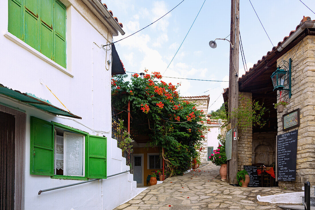 Manolates, alley with tavern in the mountain village in the north of the island of Samos in Greece