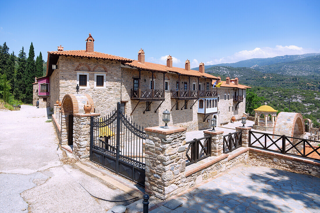 Monastery of Moni Megalis Panagias near Kouramadei, view of the Karvounis mountains, on the island of Samos in Greece