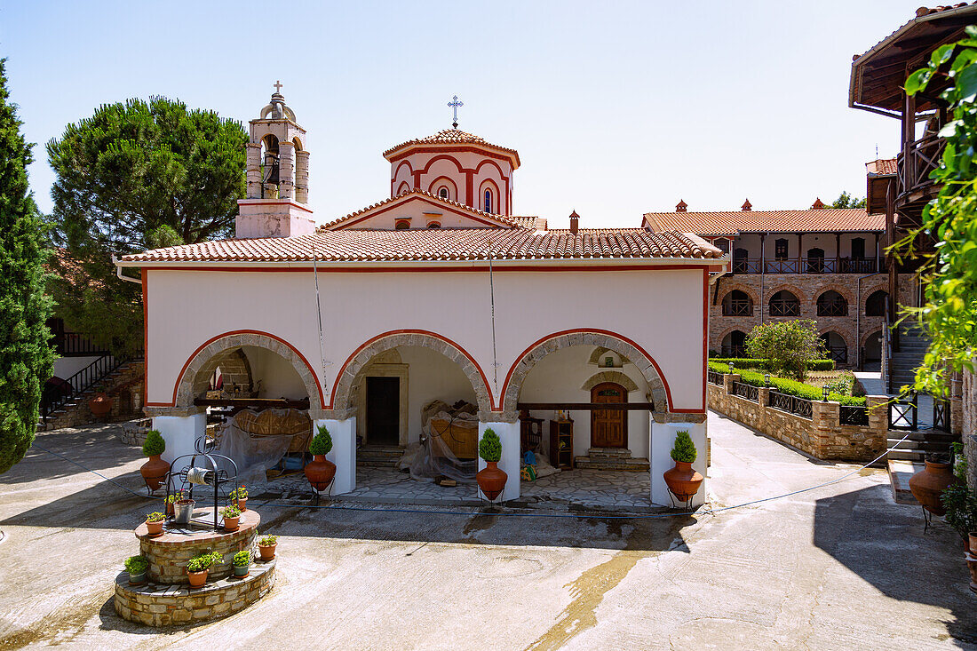 Monastery of Moni Megalis Panagias near Kouramadei, inner courtyard with monastery church, on the island of Samos in Greece