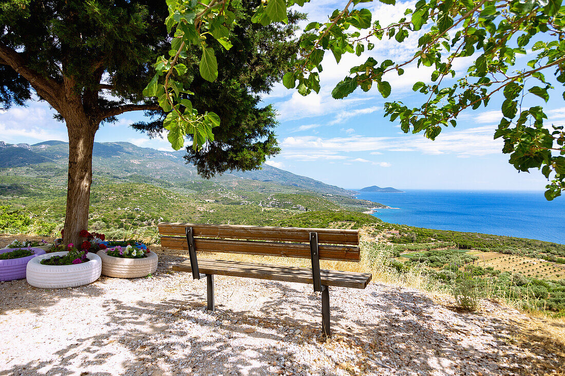 Viewpoint at Pirgos overlooking the coastal landscape and Samiopoula Island, Samos Island in Greece
