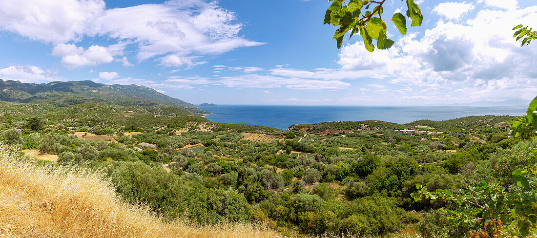 Viewpoint at Pirgos overlooking the coastal landscape and Samiopoula Island, Samos Island in Greece