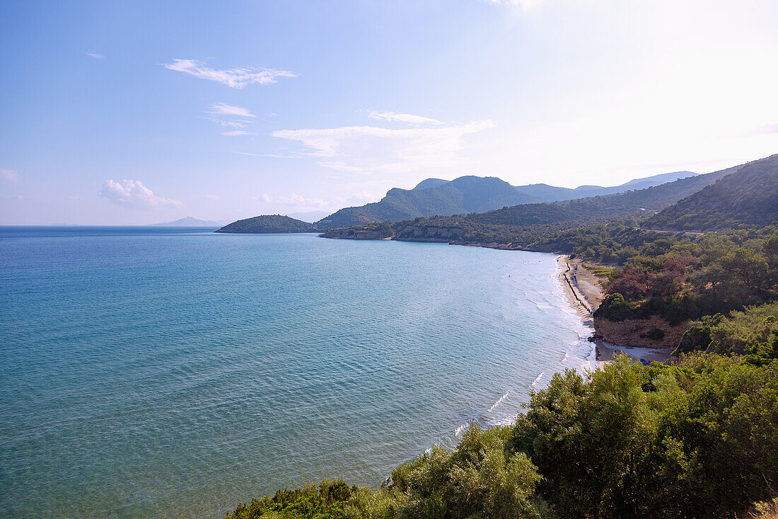 Coastal scenery and sandy Psili Ammos Beach near Kampos in the west of the island of Samos in Greece