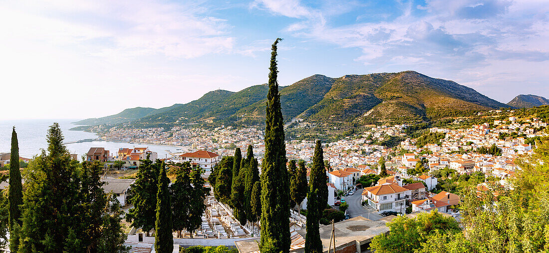 Urban panorama of Samos town with view of Vathy bay, Thios mountain and Ano Vathi on Samos island in Greece