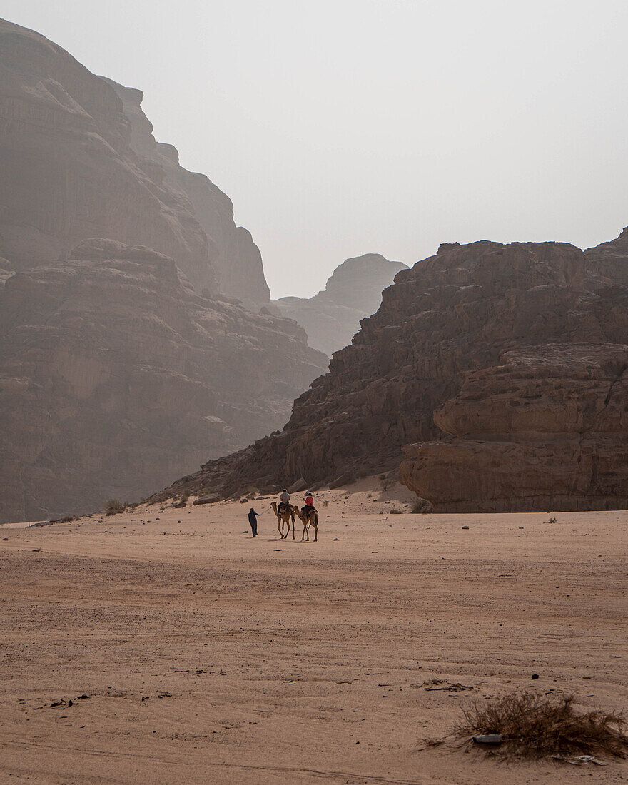 Kamele und Menschen im Wadi Rum, Jordanien