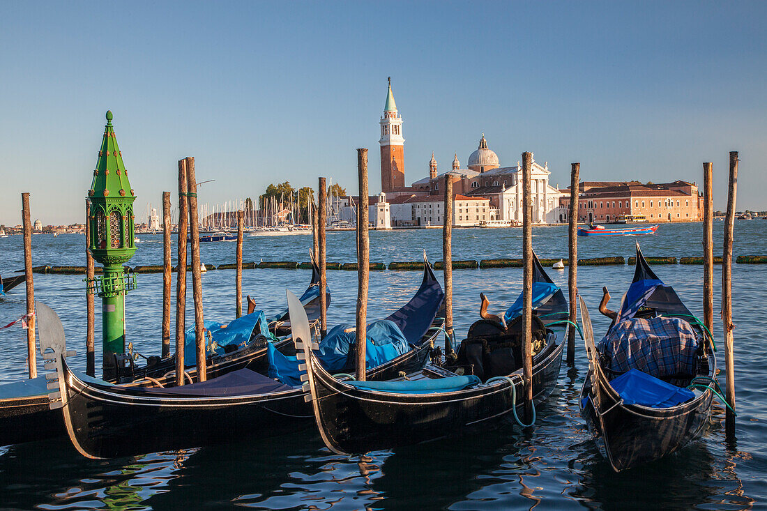 Italy, Venice. View of gondolas in front of Piazza San Marco (St. Mark's Square) towards San Giorgio Maggiore, Venice, Italy,