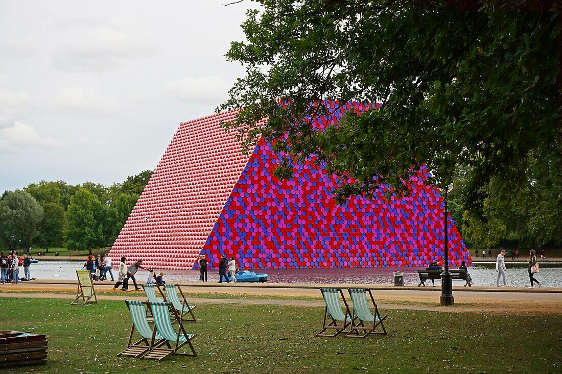 Christo's and Jeanne Claude's London Mastaba,a floating sculpture on the Serpentine Lake,Hyde Park. London,England,Great Britain.