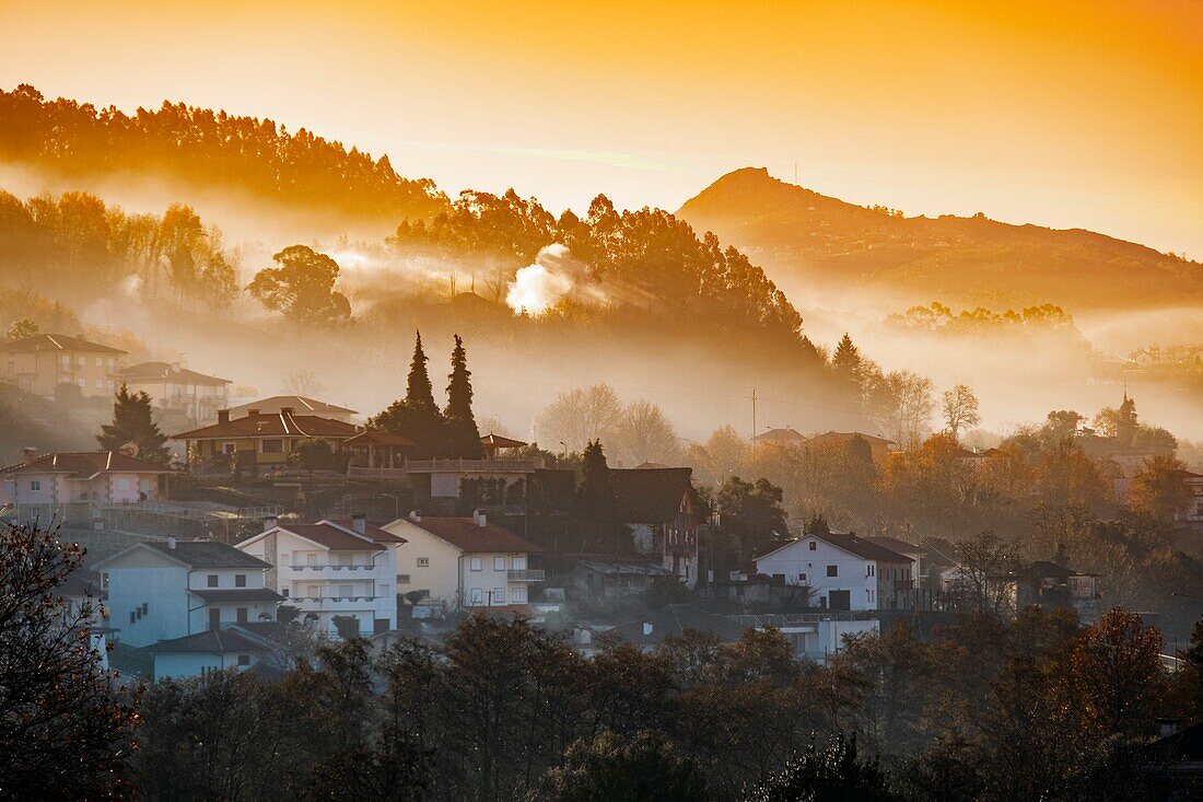 Panoramic view at sunrise,Village Arcos de Valdevez. Viana do Castelo,Alto Minho region. Northern Portugal,Europe.