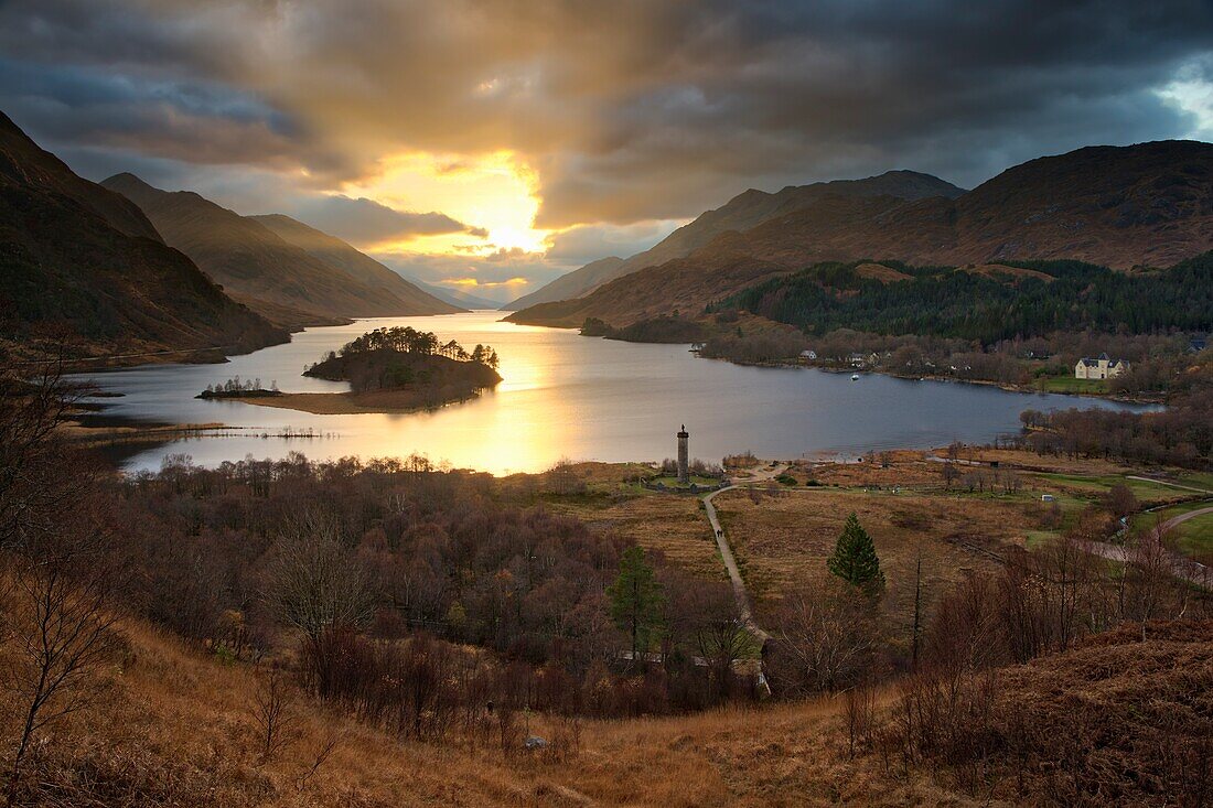 Setting sun over Loch Shiel captured from above the Glenfinnan Monument.