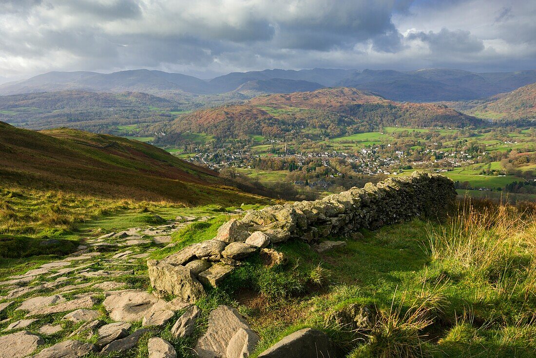 The view from Wansfell over the town of Ambleside in the Lake District National Park,Cumbria,England.