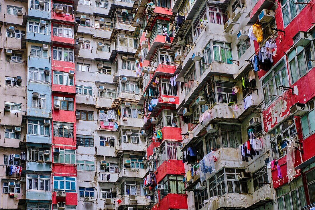 China,Hong Kong,Hong Kong Island,densely crowded apartment buildings.