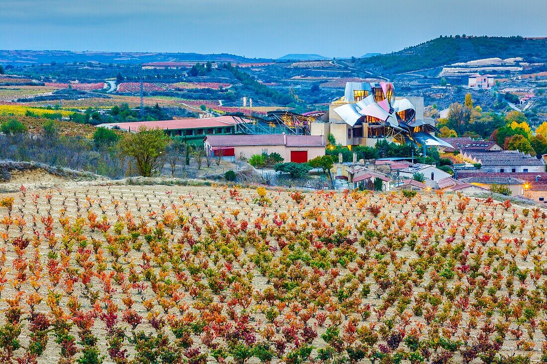 Weinberge Marques de Riscal, Hotel und Weinkeller. Elciego-Dorf. Kreis Rioja Alavesa. Alava, Baskenland, Spanien, Europa.