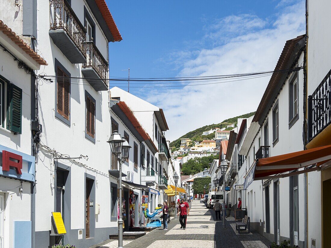 Pedestrian area in Velas,the main town on the island. Sao Jorge Island,an island in the Azores (Ilhas dos Acores) in the Atlantic ocean. The Azores are an autonomous region of Portugal. Europe,Portugal,Azores.