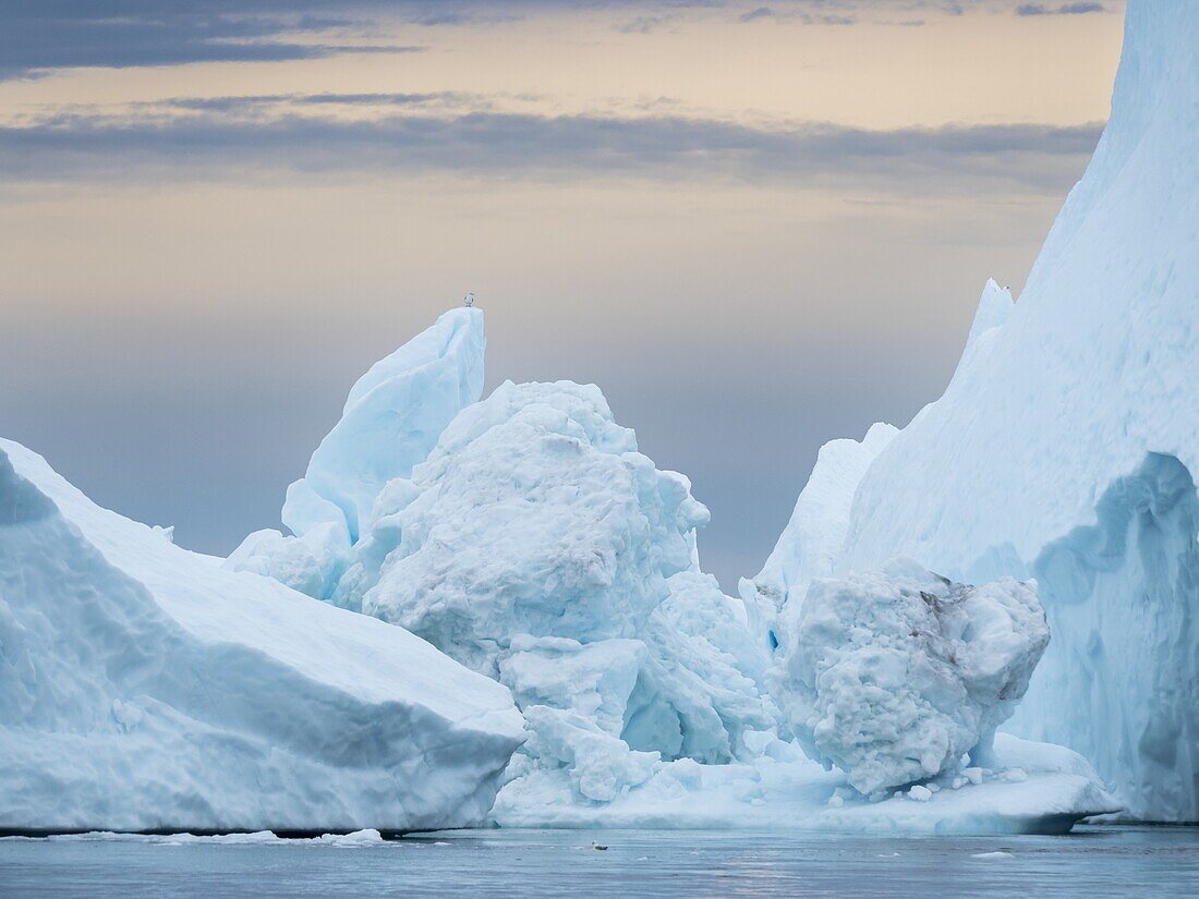 Ilulissat-Eisfjord, auch Kangia oder Ilulissat Kangerlua genannt, in der Diskobucht. Der Eisfjord ist als UNESCO-Weltnaturerbe gelistet. Amerika, Nordamerika, Grönland, Dänemark.