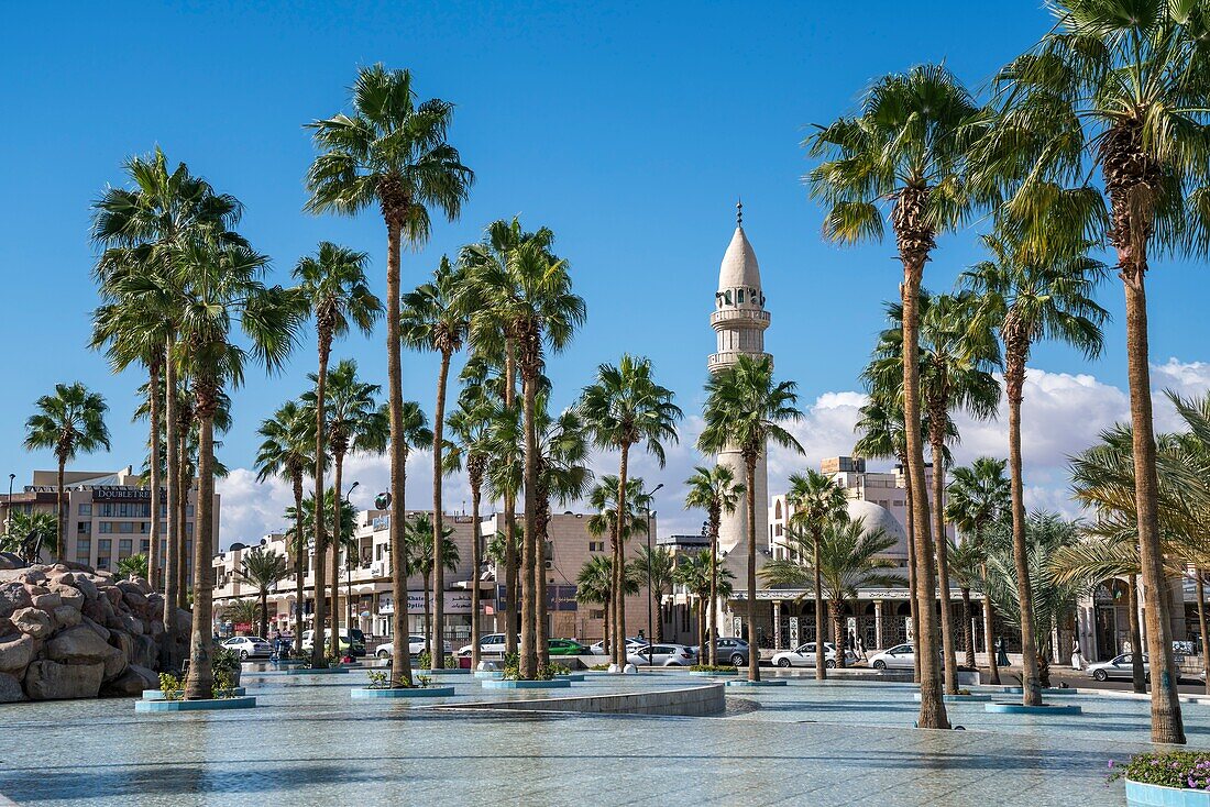 Princess Haya Circle fountain and Abu Dawood Mosque in Aqaba,Jordan,Asia.