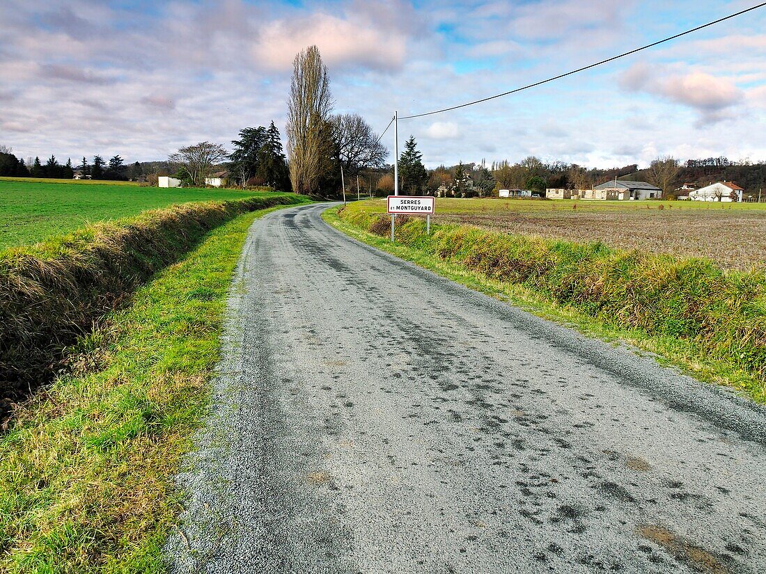 country road approaching Serres-et-Montguyard,Lot-et-Garonne Department,Nouvelle Aquitaine,France.