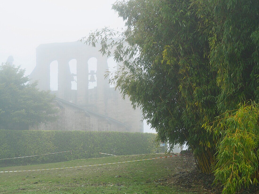 Eglise de Tourtres in fog,Tourtres,Lot-et-Garonne Department,Nouvelle Aquitaine,France.