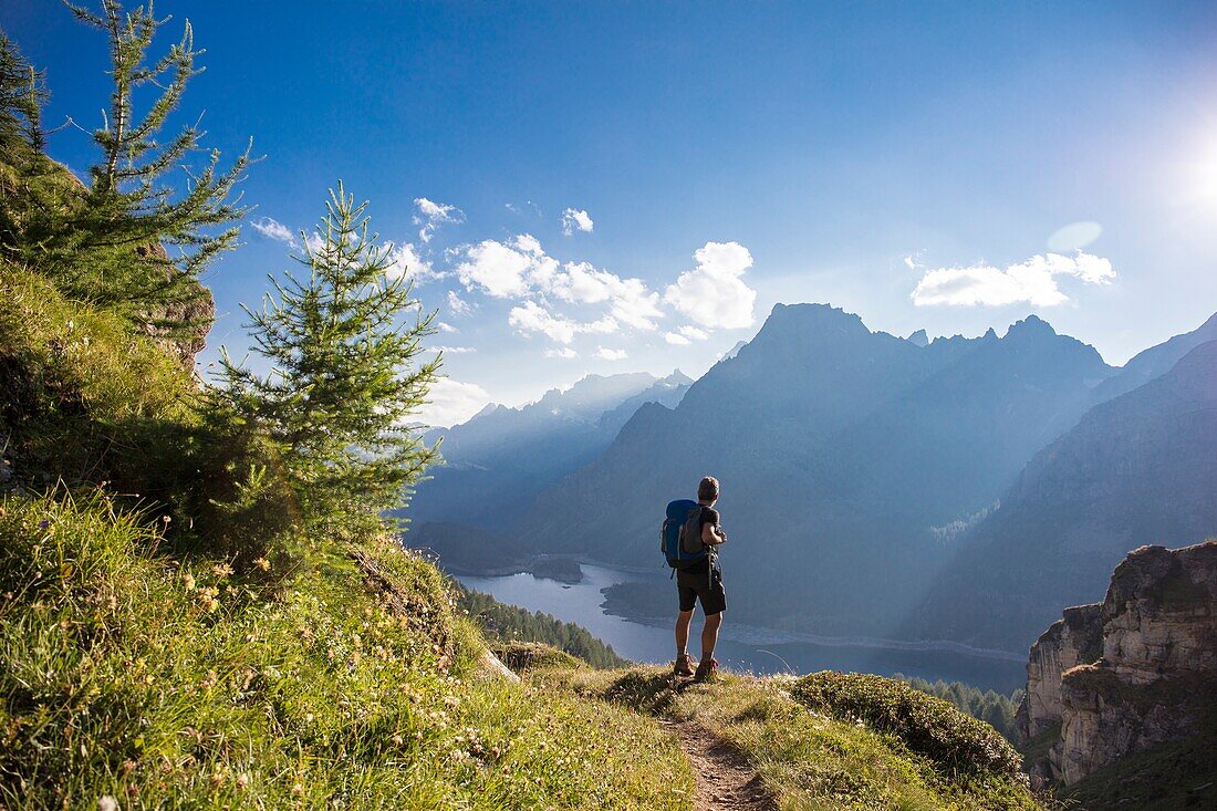 Hiker, Grande Est, Parco Naturale Veglia-Devero, Val d'Ossola, V.C.O. (Verbano-Cusio-Ossola), Piedmont, Italy, Europe