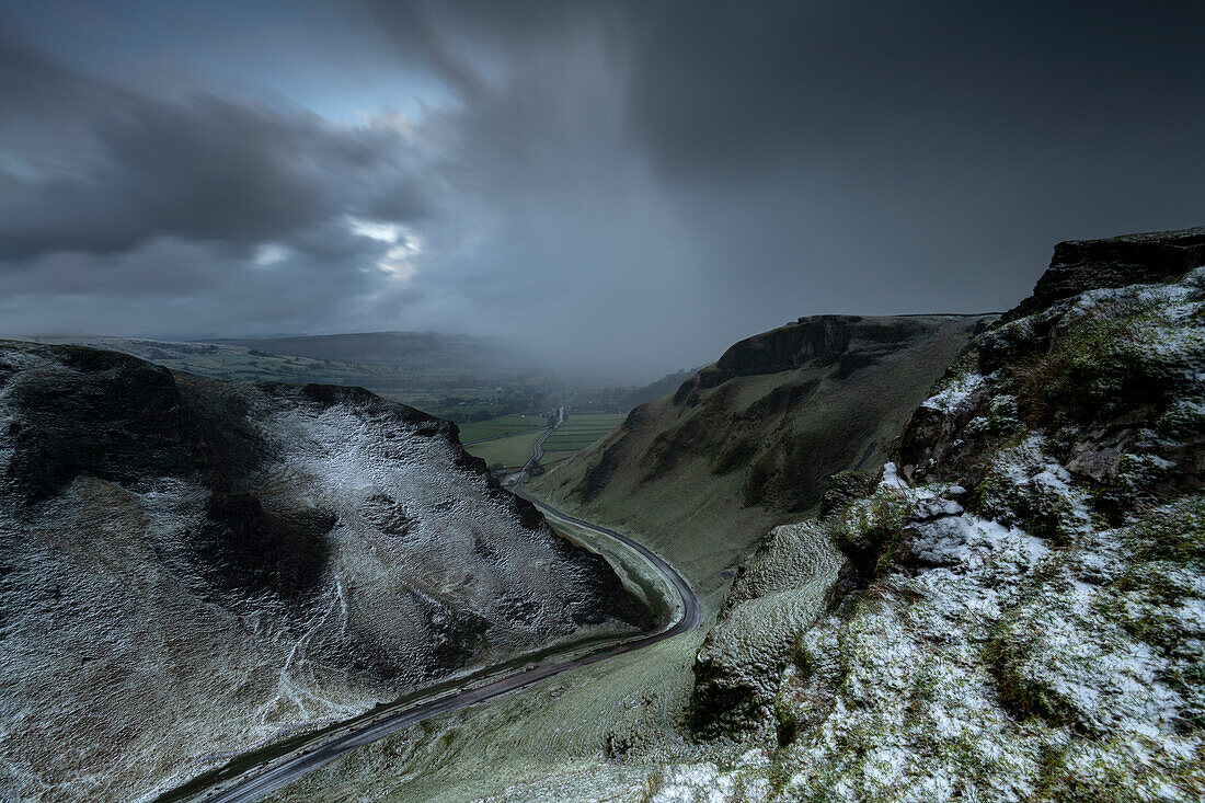Snow storm at Winnat's Pass, Peak District, Derbyshire, England, United Kingdom, Europe