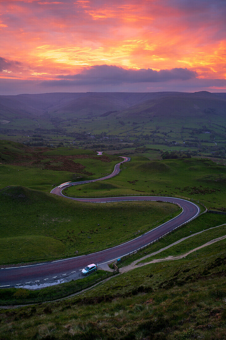 Amazing sunset looking towards Rushup Edge and the winding Edale Road, Derbyshire, England, United Kingdom, Europe