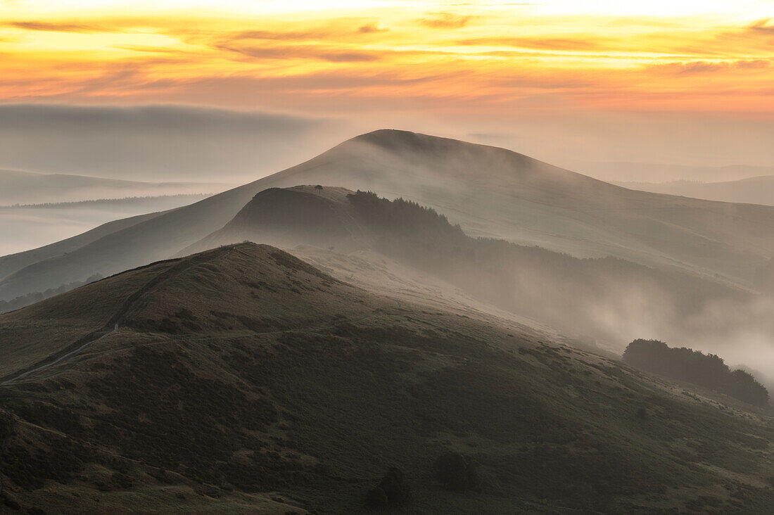 Losehill at sunrise surrounded in low cloud, Peak District, Derbyshire, England, United Kingdom, Europe