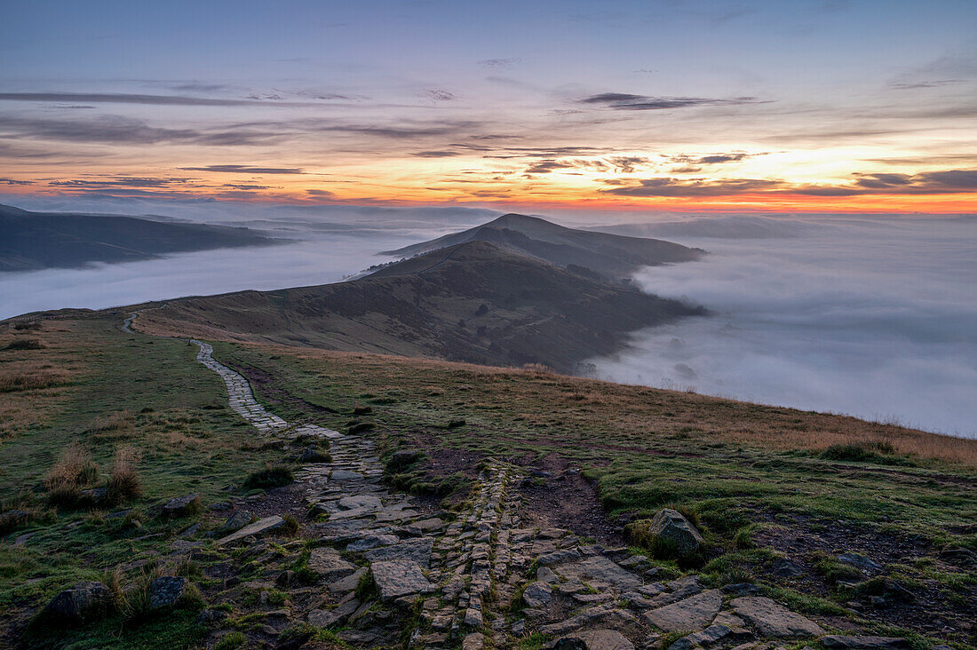 The Great Ridge with a cloud inversion in both Hope and Edale valleys, Derbyshire, England, United Kingdom, Europe