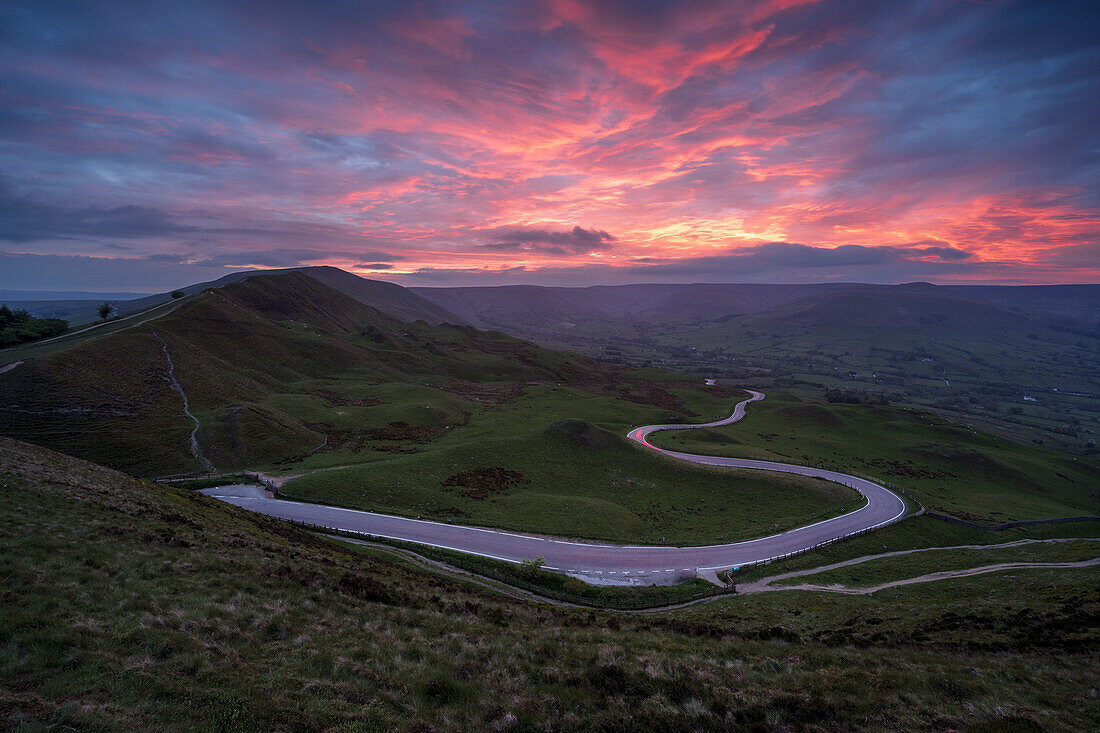 Sunset looking towards Rushup Edge and the winding Edale Road, Derbyshire, England, United Kingdom, Europe