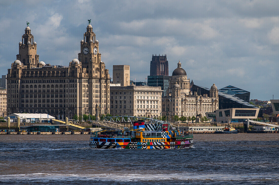 The Mersey Ferry sailing in front of the Liverpool Waterfront, Liverpool, Merseyside, England, United Kingdom, Europe