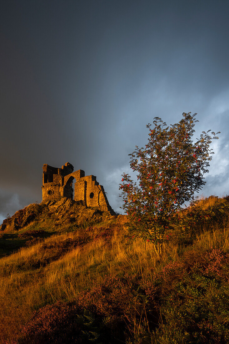 Dramatic moody evening light on The Folly at Mow Cop, Cheshire, England, United Kingdom, Europe