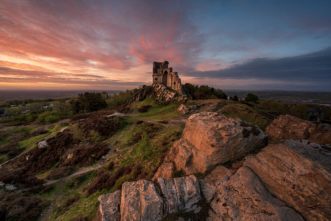 The Castle Folly at Mow Cop with amazing sky, Mow Cop, Cheshire, England, United Kingdom, Europe