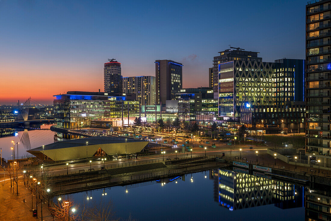 Salford Quays and Media City at sunset, Salford, Manchester, England, United Kingdom, Europe