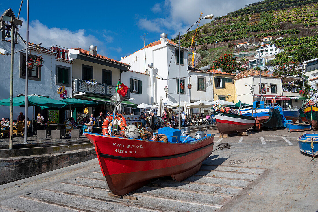 Camara de Lobos with red boat, Funchal, Madeira, Portugal, Atlantic, Europe