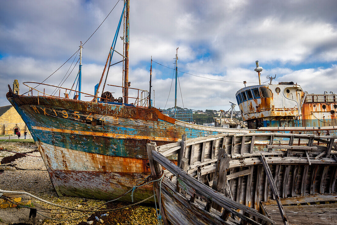 Shipwrecks in the picturesque harbor of Camaret sur Mer, Finistere department, Brittany, France, Europe