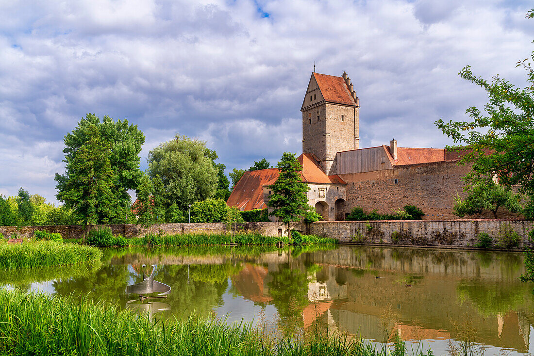 Pond at Rothenburger Tor, Dinkelsbühl, Romantic Road, Franconia, Bavaria, Germany